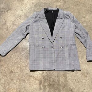 Gray Double-Breasted Plaid Women's Blazer -Medium